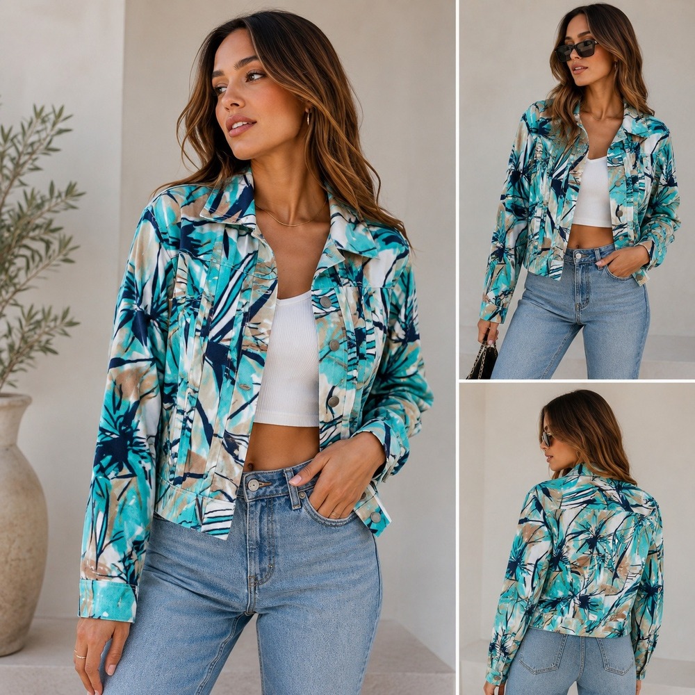 Coldwater Creek Abstract Print Denim Jacket Size 12 Turquoise Blue Cotton Blend
